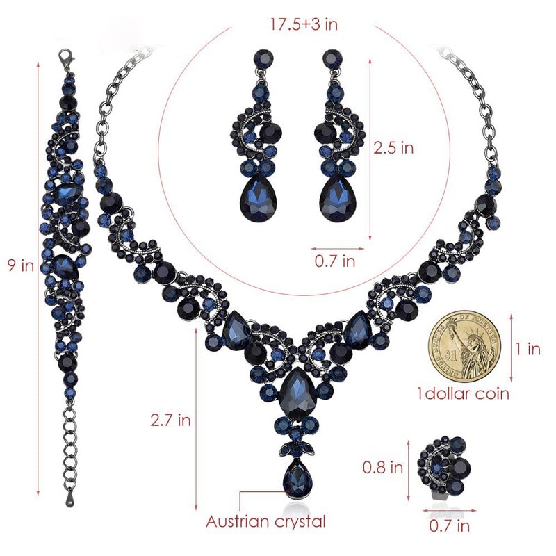 CSY 4 Pcs/Sets Vintage Necklace Earrings Bracelet Ring Retro Bridal Wedding Costume Jewelry Sets for Brides Women Gifts (Navy Blue) - Image 2